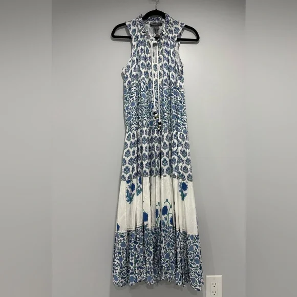 Chelsea & Theodore Womens White Blue Sleeveless Maxi Dress Size M Boho Floral - Picture 3 of 10